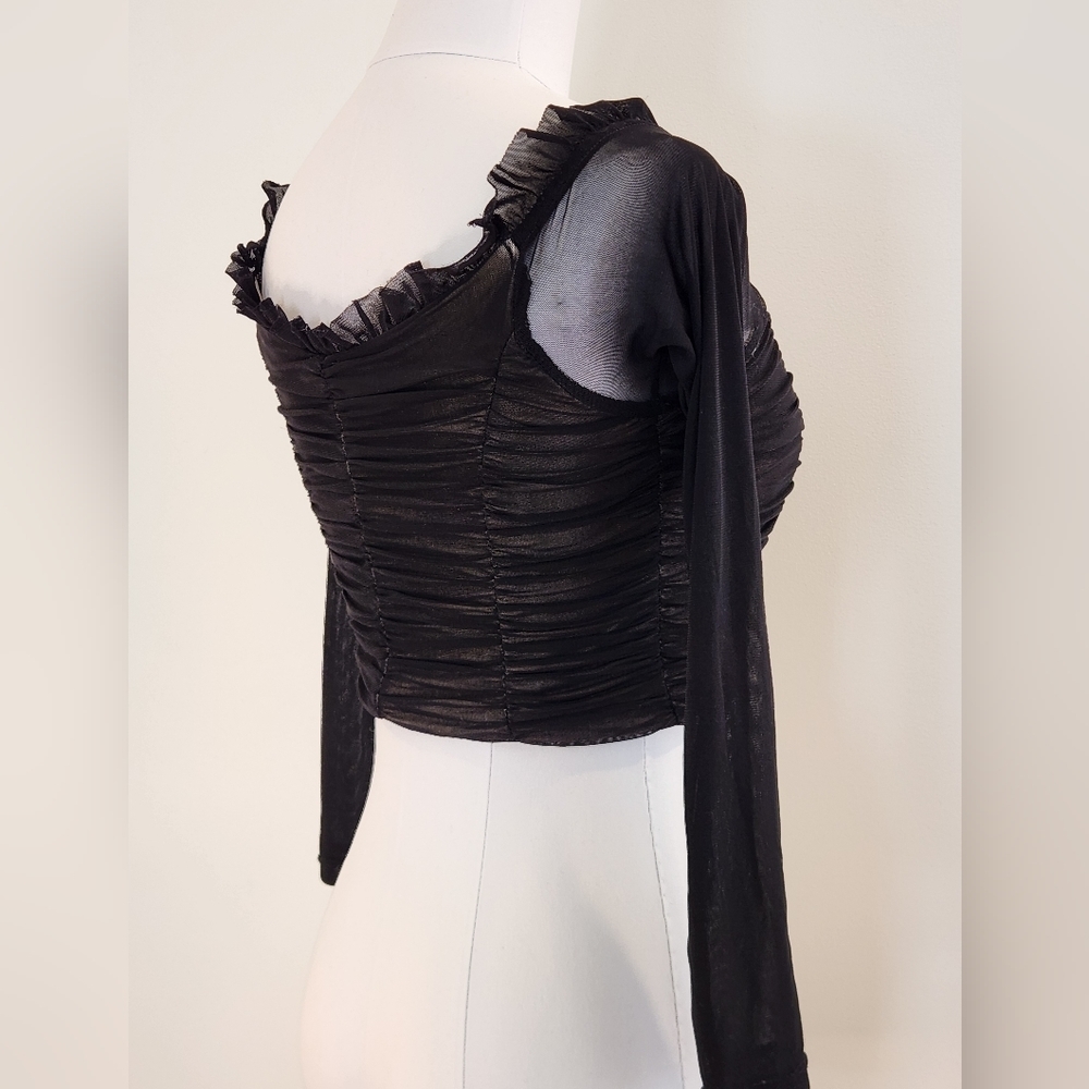 || LUXXEL || Black mesh crop top, lined, v neck, long sleeved, sz small - Picture 4 of 7